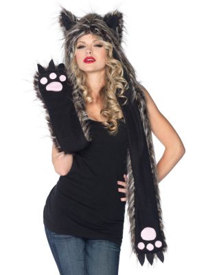 Capuz Cachecol Lobo com Luvas em formato de Patas Preto Capuz Cachecol Lobo com Luvas em formato de Patas Preto