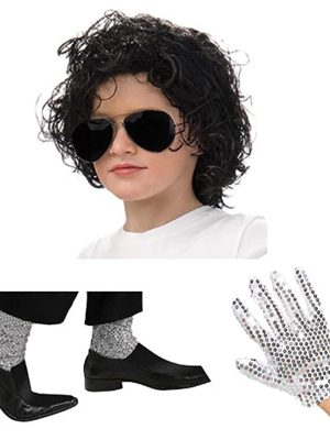 Kit Michael Jackson com Luva e meias de Lantejoulas Prateadas e Peruca Kit Michael Jackson com Luva e meias de Lantejoulas Prateadas e Peruca