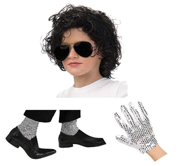 Kit Michael Jackson com Luva e meias de Lantejoulas Prateadas e Peruca