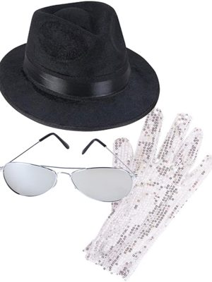 Kit Michael Jackson com Luvas de Lantejoulas Prateadas Óculos e Chapéu Kit Michael Jackson com Luvas de Lantejoulas Prateadas Óculos e Chapéu