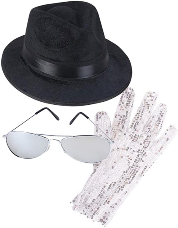 Kit Michael Jackson com Luvas de Lantejoulas Prateadas Óculos e Chapéu Kit Michael Jackson com Luvas de Lantejoulas Prateadas Óculos e Chapéu