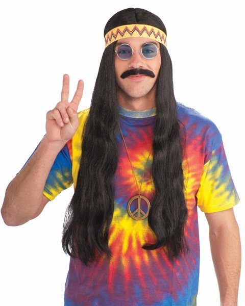 Peruca Longa Preta Hippie anos 70 Peruca Longa Preta Hippie anos 70